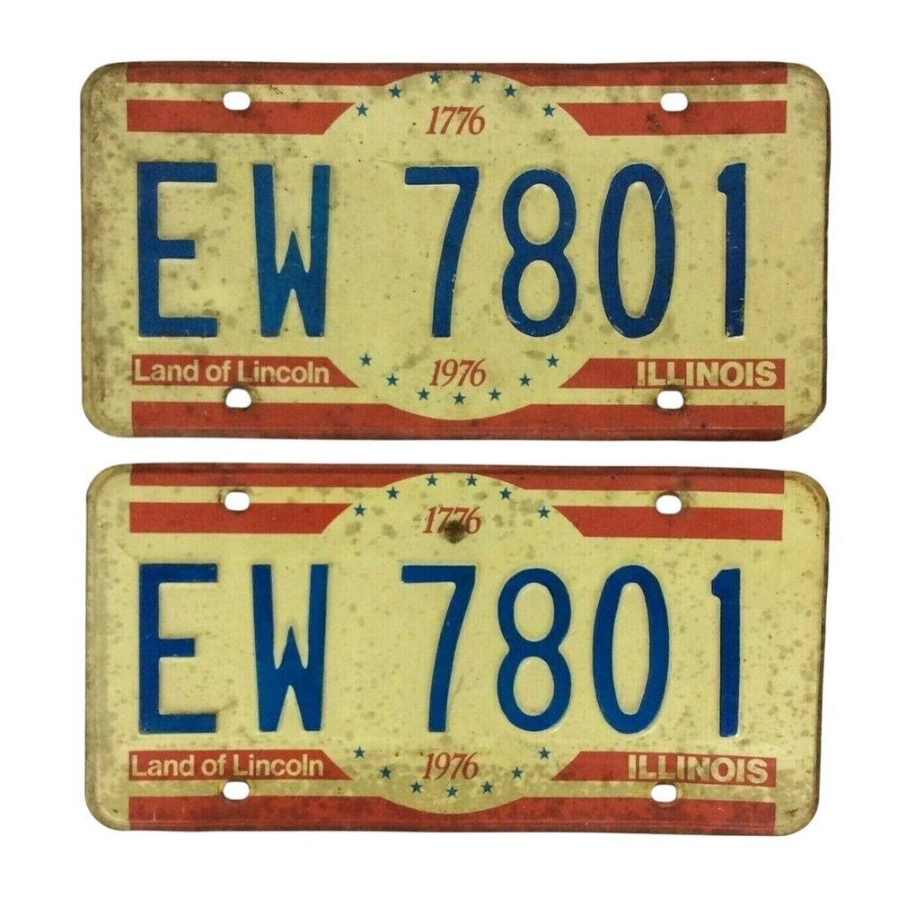 Vintage 1976 Illinois License Plates Pair EW 7801 Land of Lincoln Blue Red